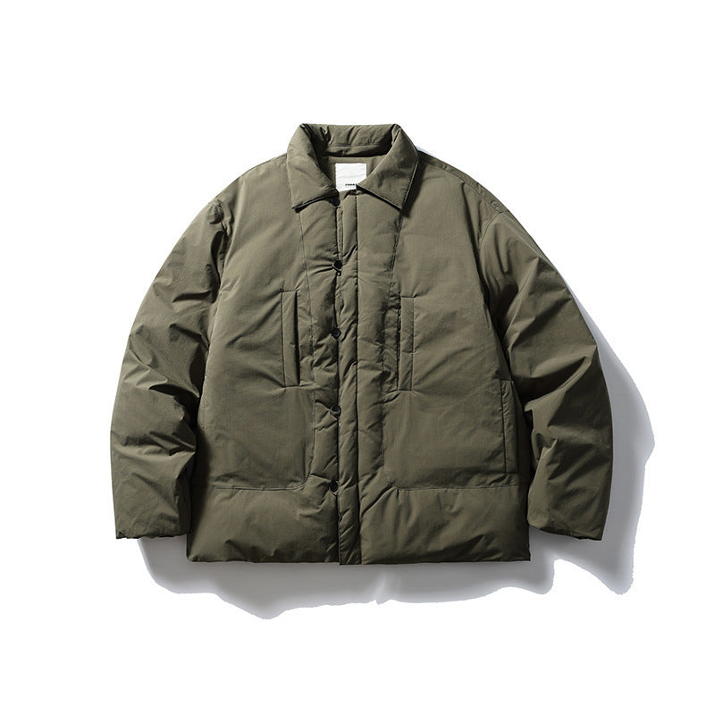 Herren Kurz geschnittene Thermo‑Pufferjacke im Boxy‑Cut mit Hemdkragen und verdeckter Druckknopfleiste Drune