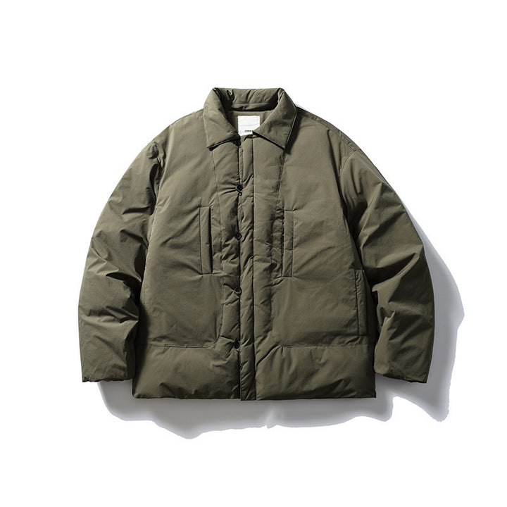 Herren Kurz geschnittene Thermo‑Pufferjacke im Boxy‑Cut mit Hemdkragen und verdeckter Druckknopfleiste Drune