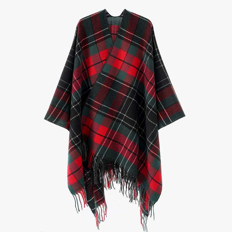 Damen Oversize-Kimono-Capeponcho im Karomuster mit Fransensaum Drune