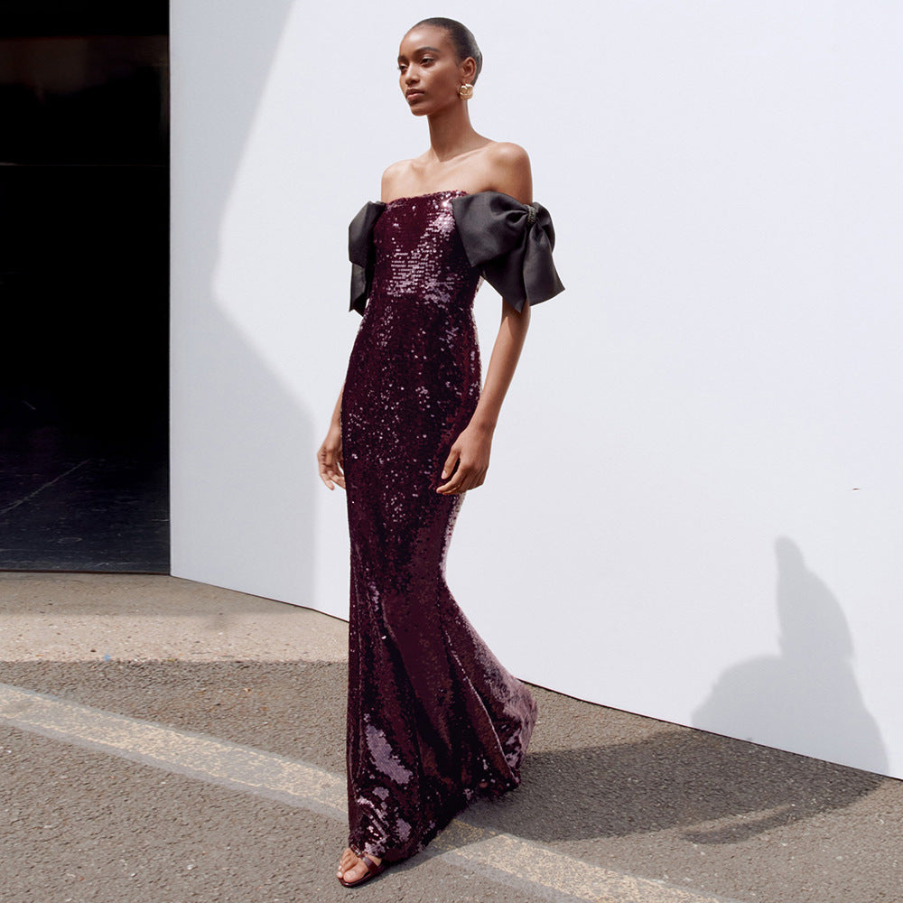Damen Elegantes Pailletten-Maxikleid mit schulterfreiem Design und dekorativen Schleifen Drune