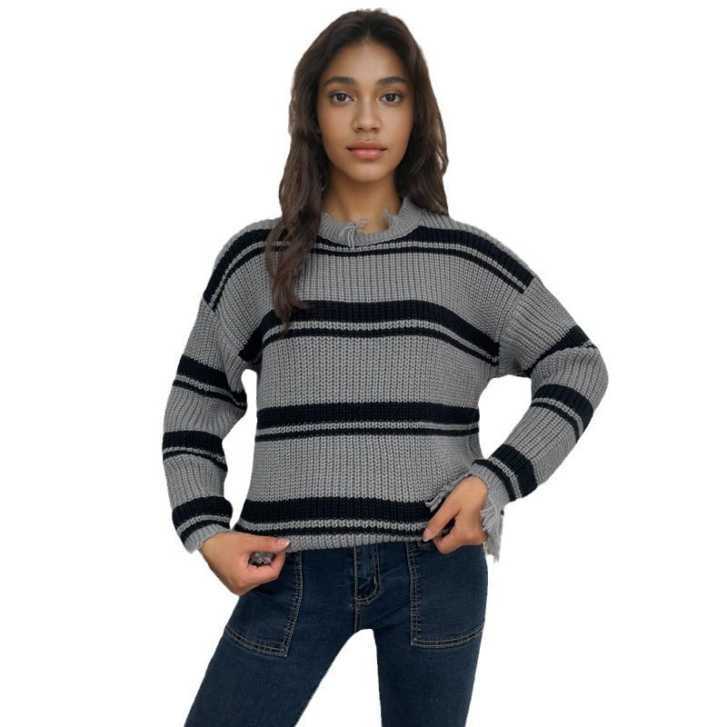 Damen lässiger Strickpullover mit Boho-Details und Fransen Drune