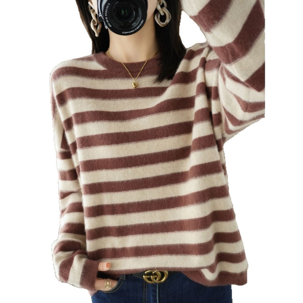 Damen lässiger Strickpullover mit breiten Streifen Drune