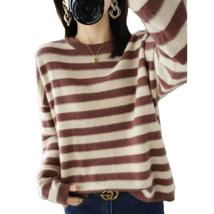 Damen lässiger Strickpullover mit breiten Streifen Drune