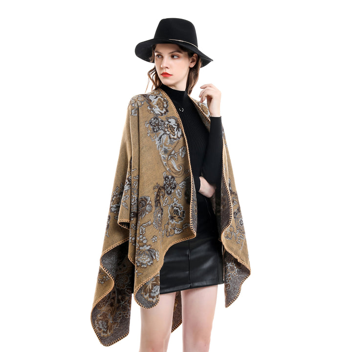 Damen Reversibler Strick-Umhang mit floraler Jacquard‑Webung und Zierkettelnaht Drune