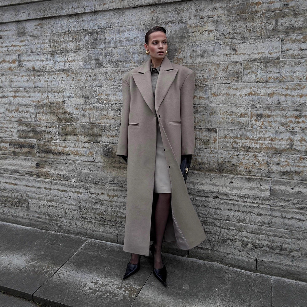 Damen Maxilanger Clean-Cut Wollmixmantel mit übergroßem Revers und gerader Silhouette Drune
