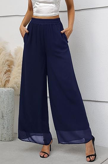 Damen Weit geschnittene Chiffon-Hose mit elastischem Taillenbund und hohen Seitentaschen Drune