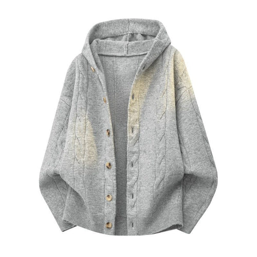 Damen Oversize-Kapuzen-Strickjacke mit Zopfmuster & Knopfleiste Drune