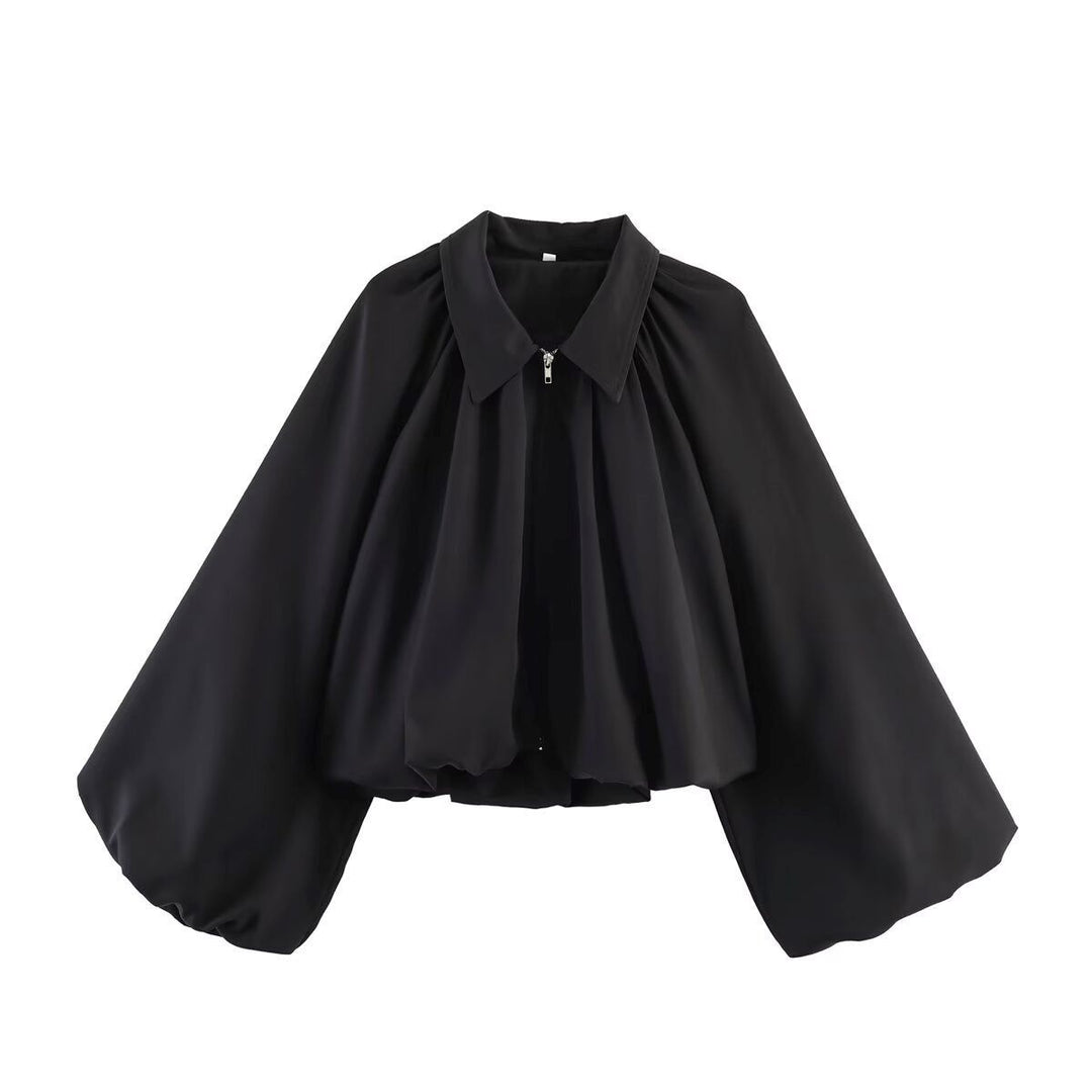 Damen Cropped-Blusenjacke mit Hemdkragen, geraffter Passe und weitem Volumenärmel Drune