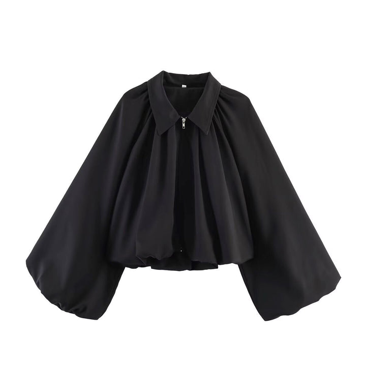 Damen Cropped-Blusenjacke mit Hemdkragen, geraffter Passe und weitem Volumenärmel Drune