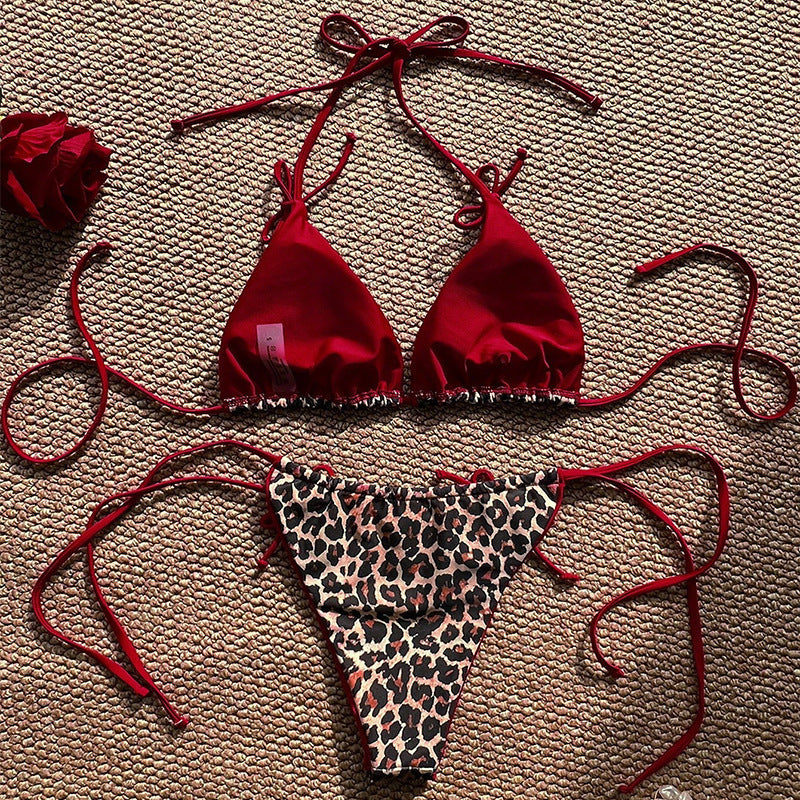 Damen Triangel-Bikini mit animalischem Druck und verstellbaren Bindebändern Drune