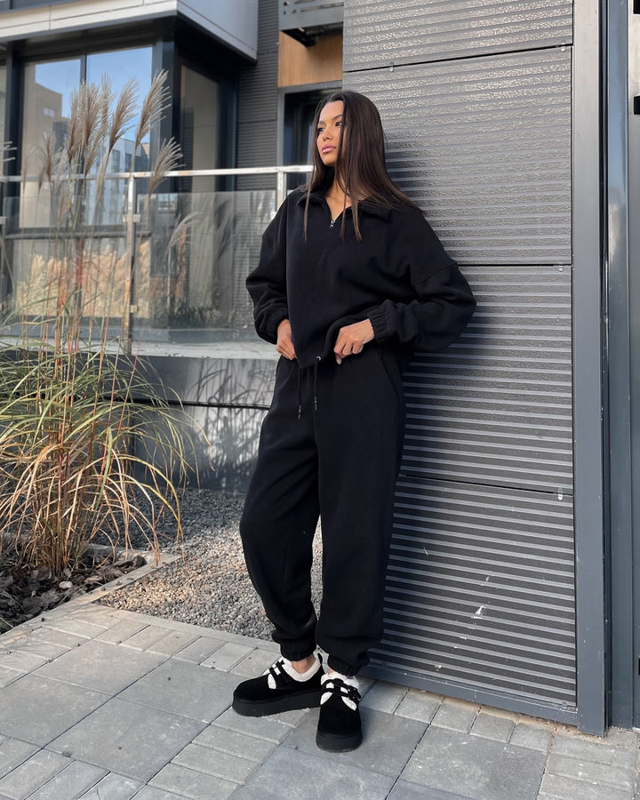 Damen Fleece-Loungewear-Set mit hohem Kragen und Reißverschluss Drune