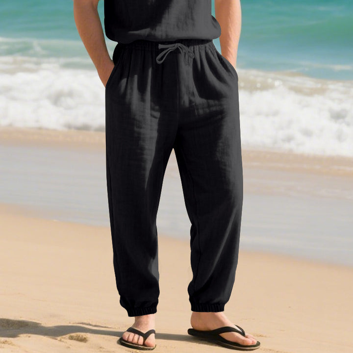 Herren nan leichte Leinenhose mit elastischem Tunnelzugbund, seitentaschen und gesmokten Bündchen Drune