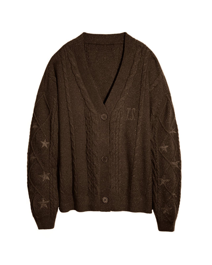Damen Strickcardigan mit Zopfstrick, Stern‑Stickerei und Glanzfäden Drune