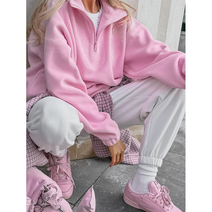 Damen Oversized Fleecepullover mit halbem Reißverschluss und Stehkragen Drune
