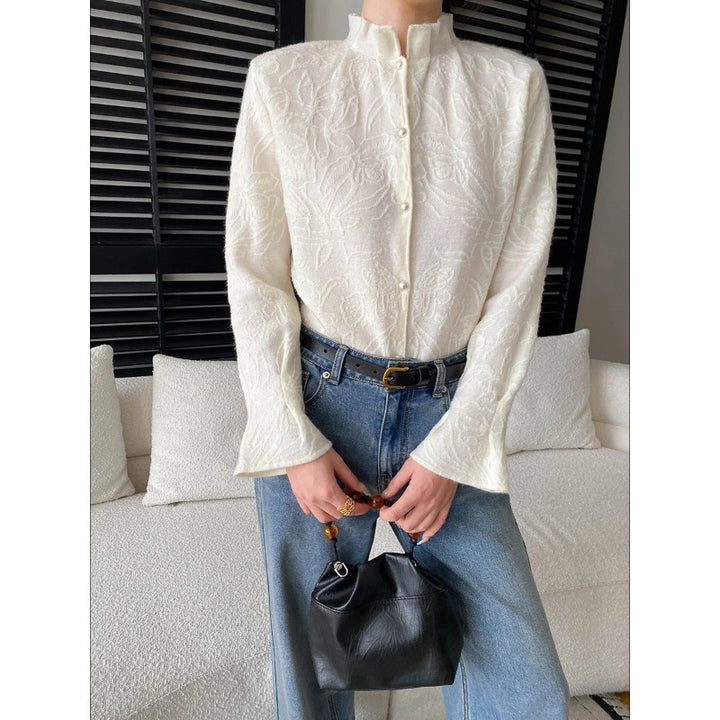 Damen elegante und strukturierte Bluse mit feinen Stickereien Drune