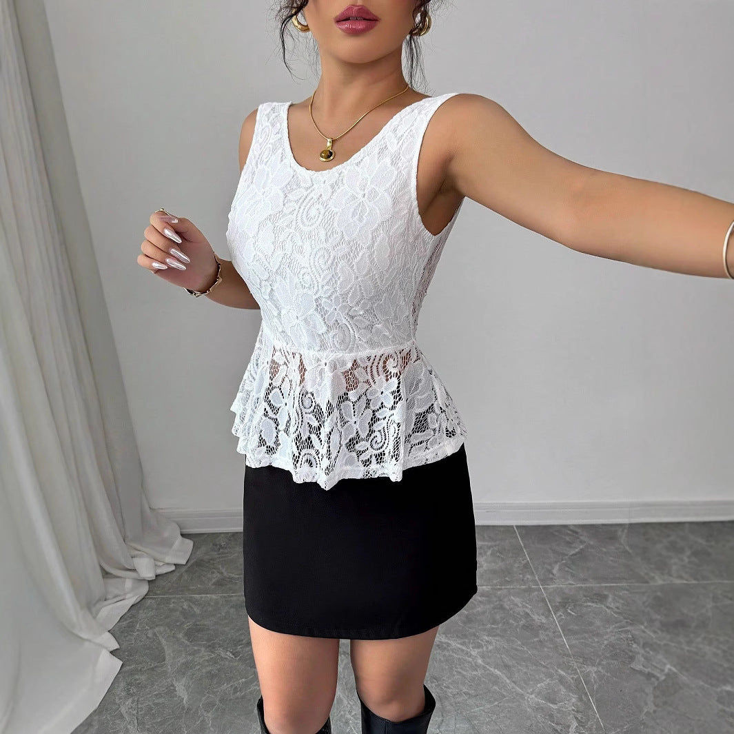 Damen nan tailliertes ärmelloses Spitzen-Peplum-Top mit gefütterter Brustpartie und transparentem Volant Drune