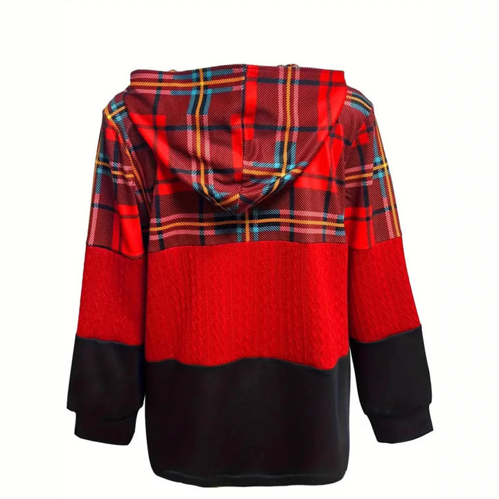 Damen nan lange Kapuzenjacke im Patchwork-Stil mit Karo‑ und Strickeinsätzen, Frontreißverschluss und Eingrifftaschen Drune
