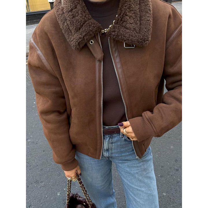 Damen Modische Lammfelljacke mit trendigem Kragen Drune