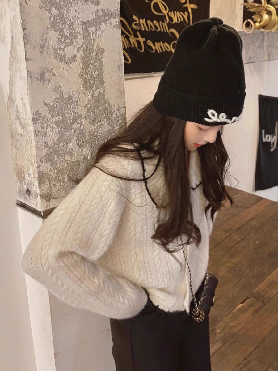 Damen Zopfmuster-Strickcardigan mit großem Matrosenkragen und kontrastkante Drune
