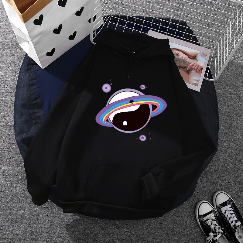 Damen nan Oversized Kapuzenpullover aus Baumwollmischung mit Planeten-Yin‑Yang-Grafik und Kängurutasche Drune