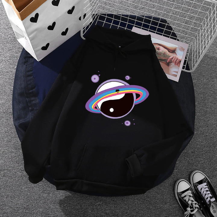 Damen nan Oversized Kapuzenpullover aus Baumwollmischung mit Planeten-Yin‑Yang-Grafik und Kängurutasche Drune
