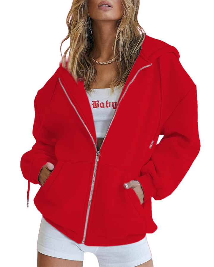 Damen nan lässige Zip-Hoodie-Jacke im Boxy-Cut mit überschnittener Schulter, verdecktem Tunnelzug und großen Kängurutaschen Drune