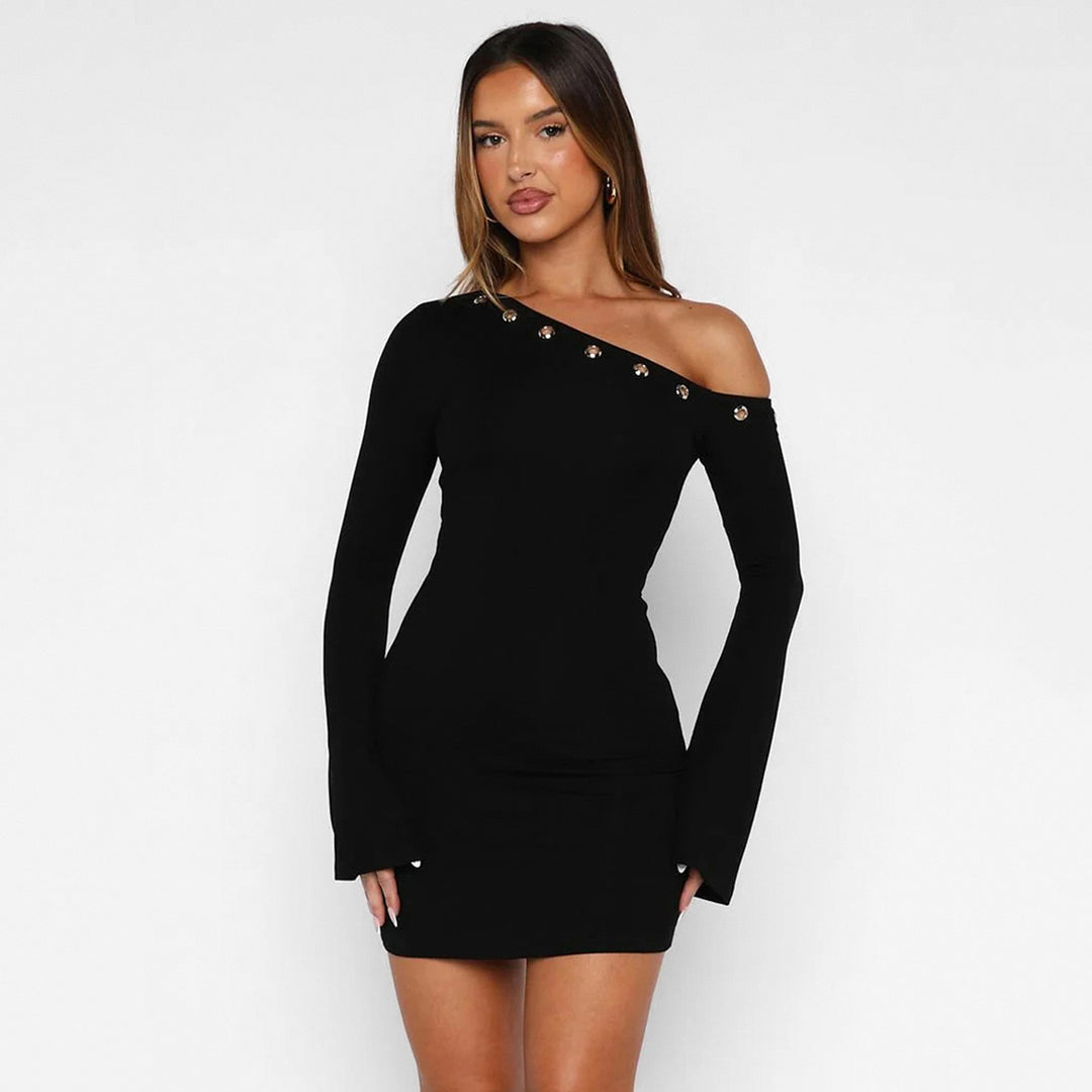 Damen Ein-Schulter Longsleeve-Minikleid mit Ösenbordüre Drune