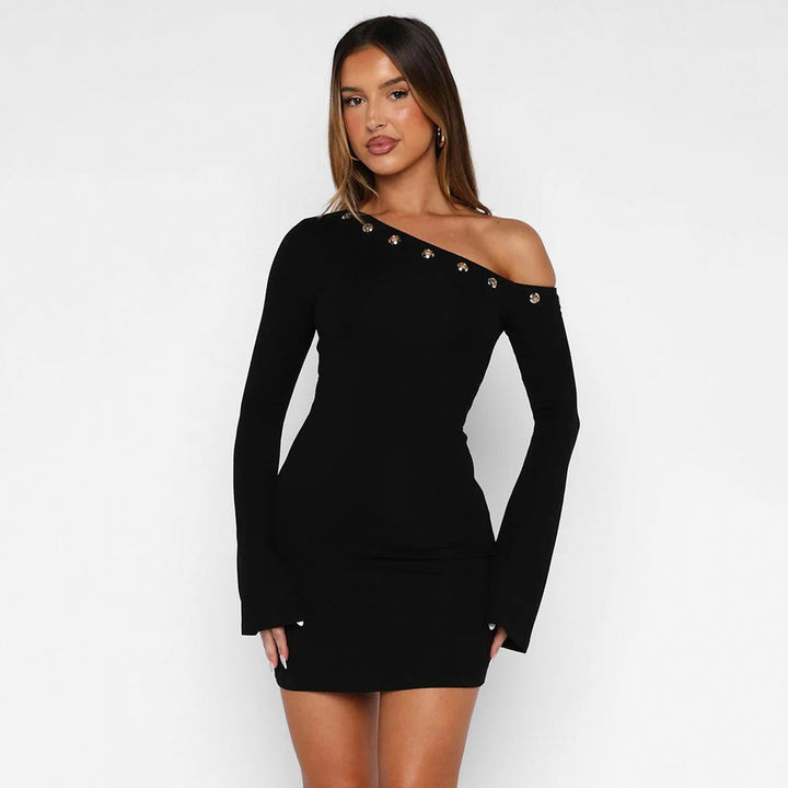 Damen Ein-Schulter Longsleeve-Minikleid mit Ösenbordüre Drune