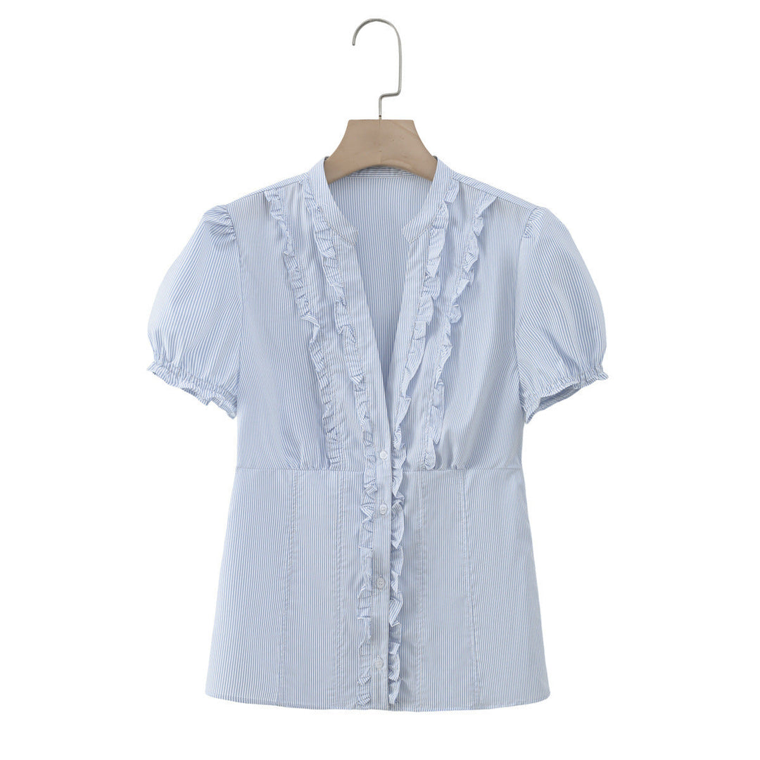 Damen Rüschenshirt mit elegantem V-Ausschnitt und taillierter Passform Drune