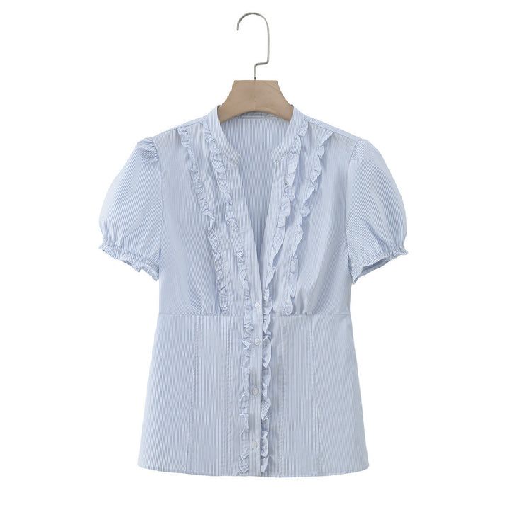Damen Rüschenshirt mit elegantem V-Ausschnitt und taillierter Passform Drune