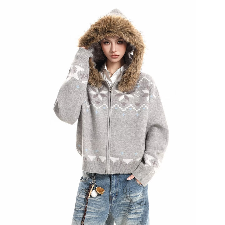 Damen Kapuzensweatjacke mit Kunstfell Kragen und Norweger-Muster Drune
