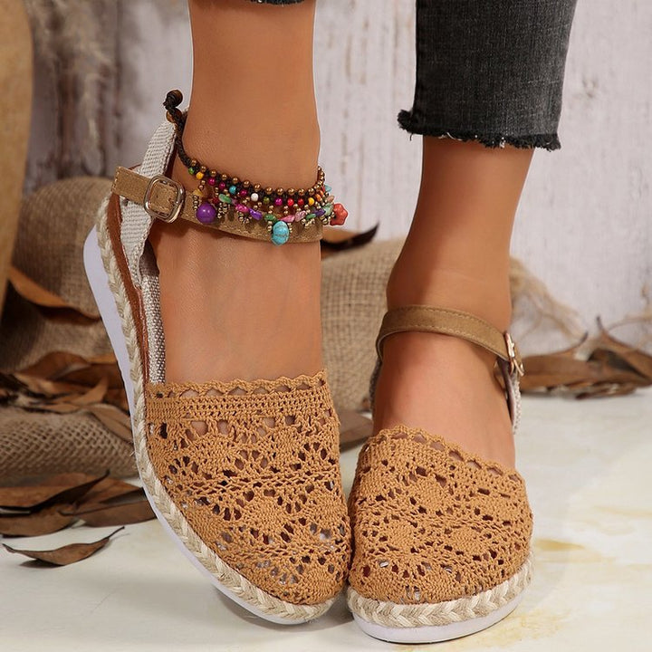 Damen Espadrille-Sandalen mit filigranem Häkel-Design und elastischem Knöchelriemen Drune