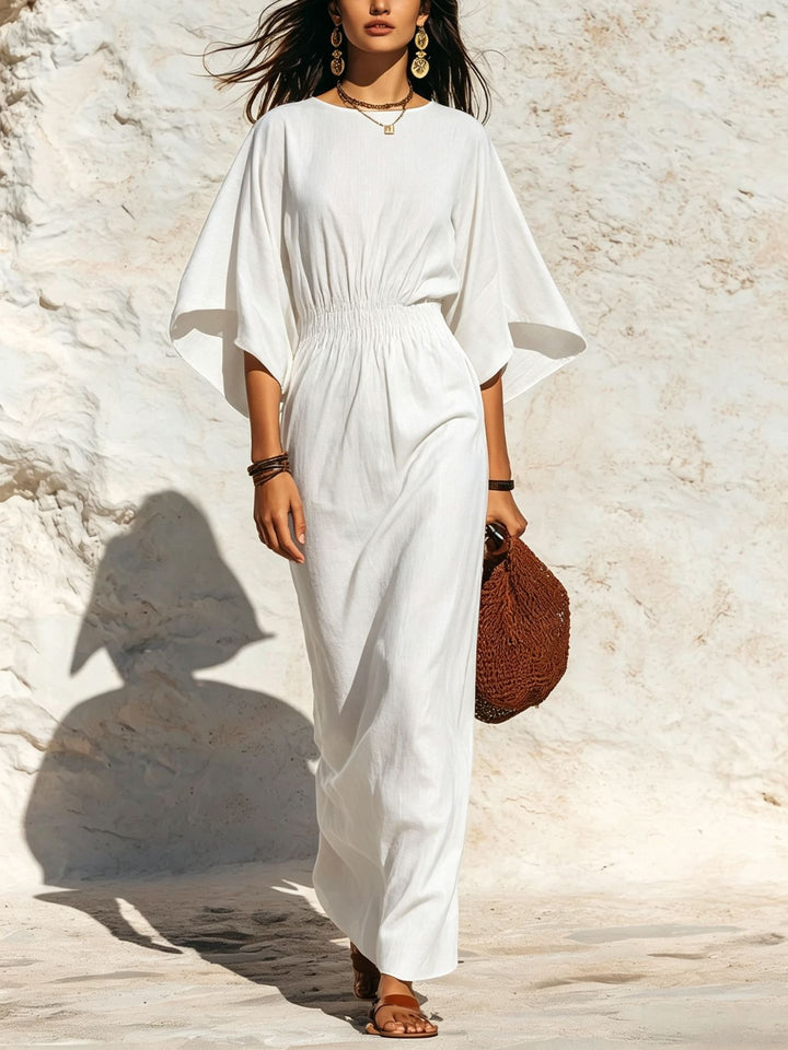 Damen Maxikleid mit Fledermausärmeln und geraffter Smock-Taillierung Drune