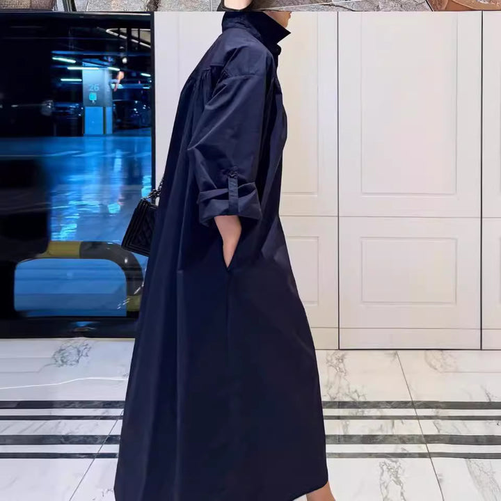 Damen Langes Boxy-Hemdblusenkleid mit hohem Stehkragen und verdeckter Knopfleiste Drune
