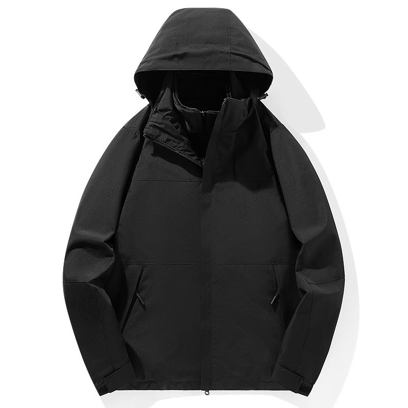 Herren zweilagige Softshell-Trekkingjacke mit fest integrierter Kapuze und fleecegefüttertem Kragen Drune