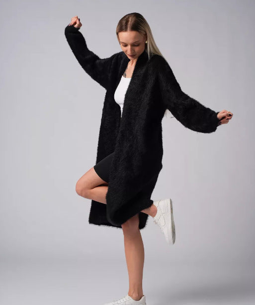 Damen Langer Flauschiger Cardigan mit offenem Schnitt und überschnittenen Ärmeln Drune