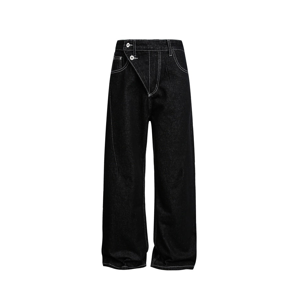 Damen High‑Waist weite Denim‑Hose mit asymmetrischer Knopfleiste und Kontrastnähten Drune
