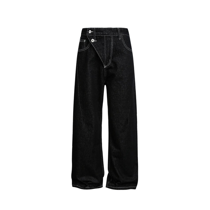 Damen High‑Waist weite Denim‑Hose mit asymmetrischer Knopfleiste und Kontrastnähten Drune
