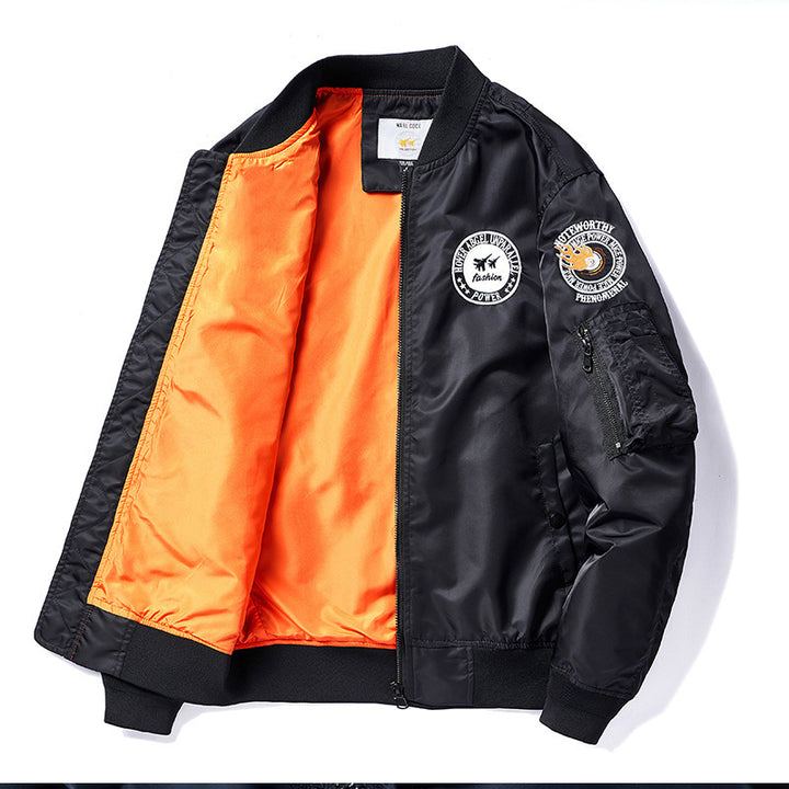 Herren Nylon Piloten-Bomberjacke mit Emblem‑Patches, Ärmel‑Utilitytasche und Rippbündchen Drune