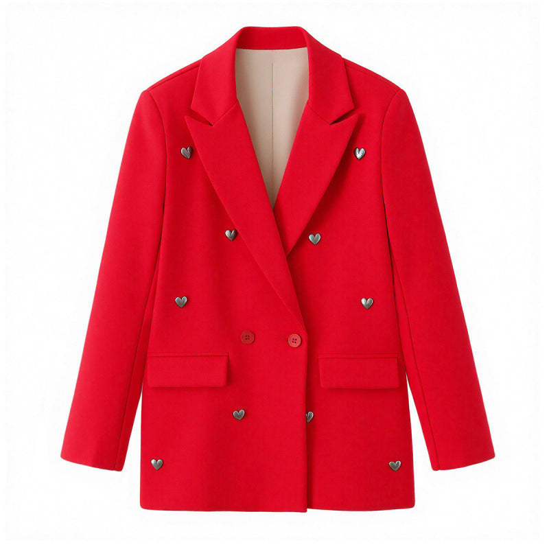 Damen Taillierter Doppelreihiger Blazer mit Herz‑Metallapplikationen und Pattentaschen Drune