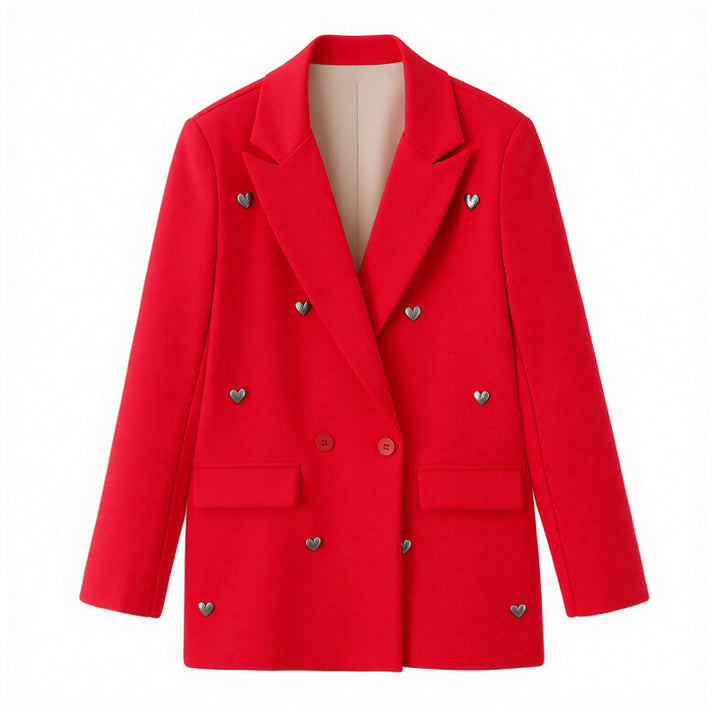 Damen Taillierter Doppelreihiger Blazer mit Herz‑Metallapplikationen und Pattentaschen Drune