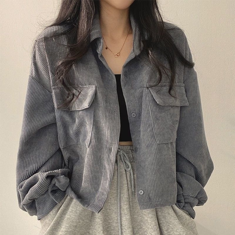 Damen lässige Cordjacke mit voluminösen Ärmeln Drune