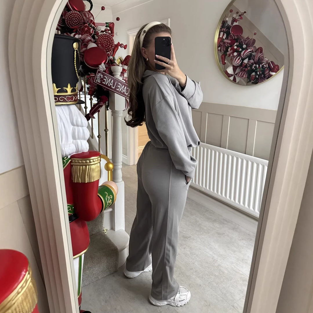 Damen eleganter Freizeitanzug mit hochgeschlossenem Kragen und weiten Hosen