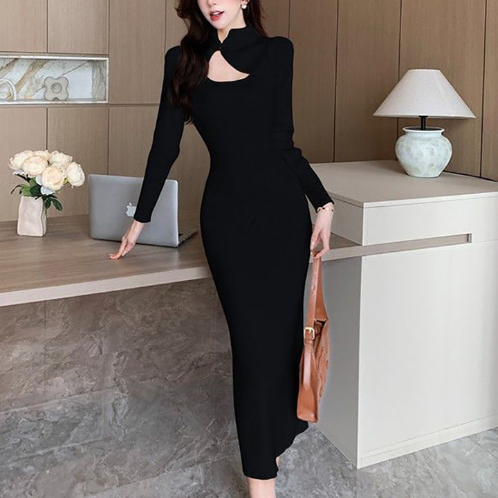 Damen elegantes Midikleid mit asymmetrischem Cut-Out-Design und strukturiertem Strick