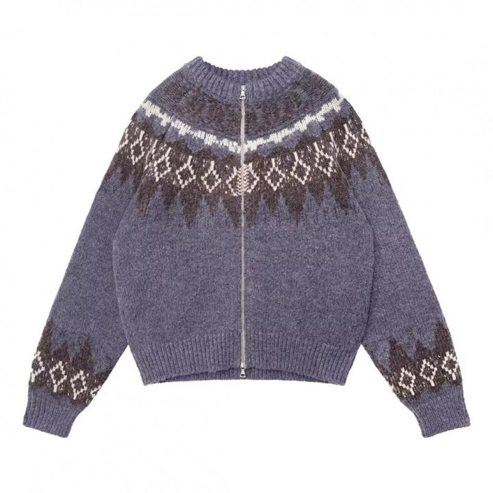 Damen Strickjacke mit innovativem Zipper und traditionellem Muster Drune