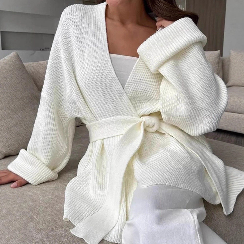 Damen Oversize Strickmantel mit Bindegürtel und geripptem Feinstrick Drune
