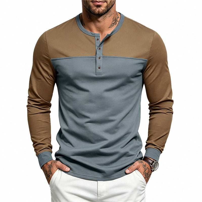 Herren Slim-Fit Henley-Langarmshirt mit kontrastiertem Einsatz und Knopfleiste Drune