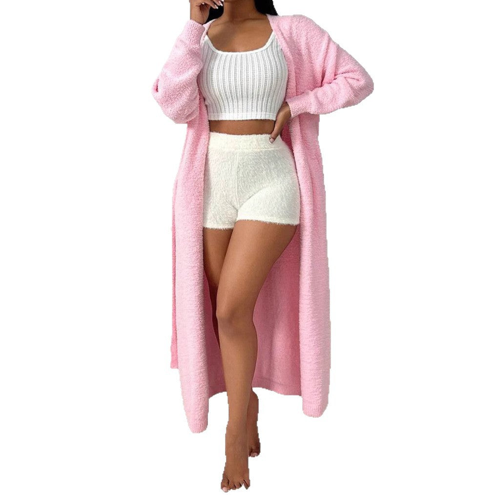 Damen Langer Wickel-Cardigan in Flausch-Optik mit Bindegürtel Drune