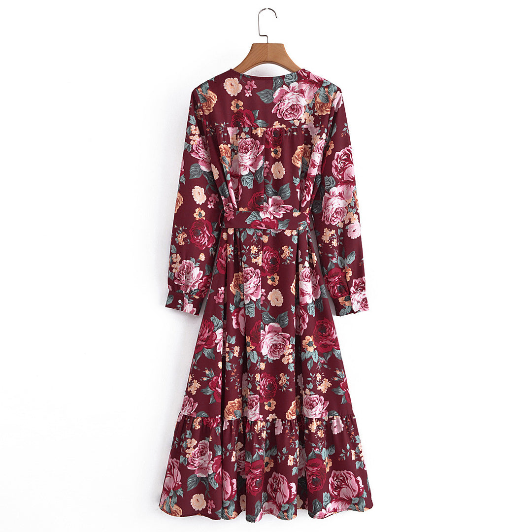 Damen Wickel-Maxikleid mit V-Ausschnitt, Taillengürtel und Stufensaum Drune