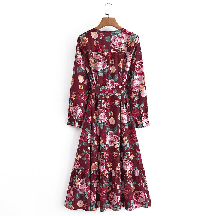 Damen Wickel-Maxikleid mit V-Ausschnitt, Taillengürtel und Stufensaum Drune